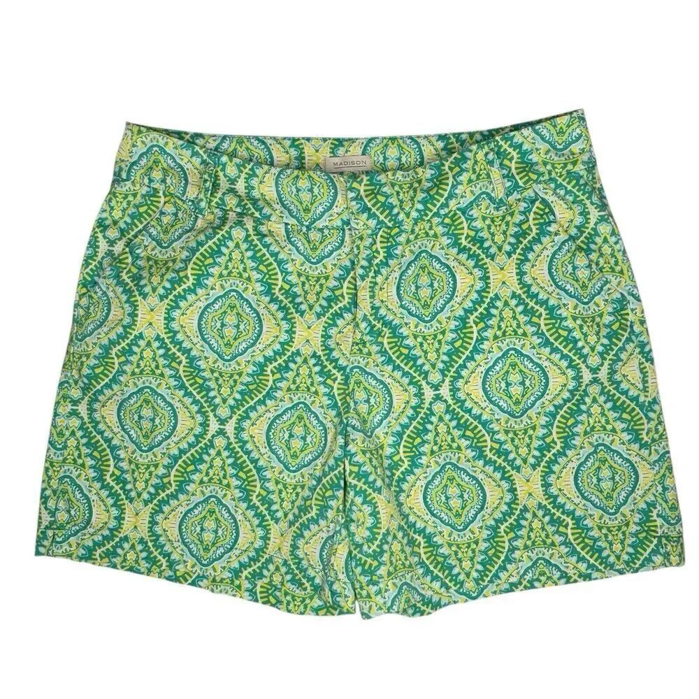 Madison Sz 8 Green Yellow Boho Geometric Festival Beach Shorts Women Colorful